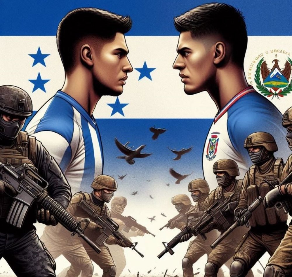 Illustration symbolisant la guerre du football : deux joueurs de foot, ainsi que des soldats du Honduras et du Salvador se font face - Image générée par l'IA | Dall.e
