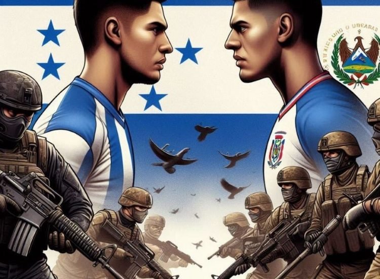 Illustration symbolisant la guerre du football : deux joueurs de foot, ainsi que des soldats du Honduras et du Salvador se font face - Image générée par l'IA | Dall.e