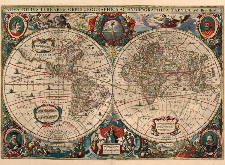 Reproduction (datant de 1641) d'une carte du globe à double hémisphère publiée originellement en 1630 par le cartographe néerlandais Henricus Hondius (1597-1651) | Domaine public