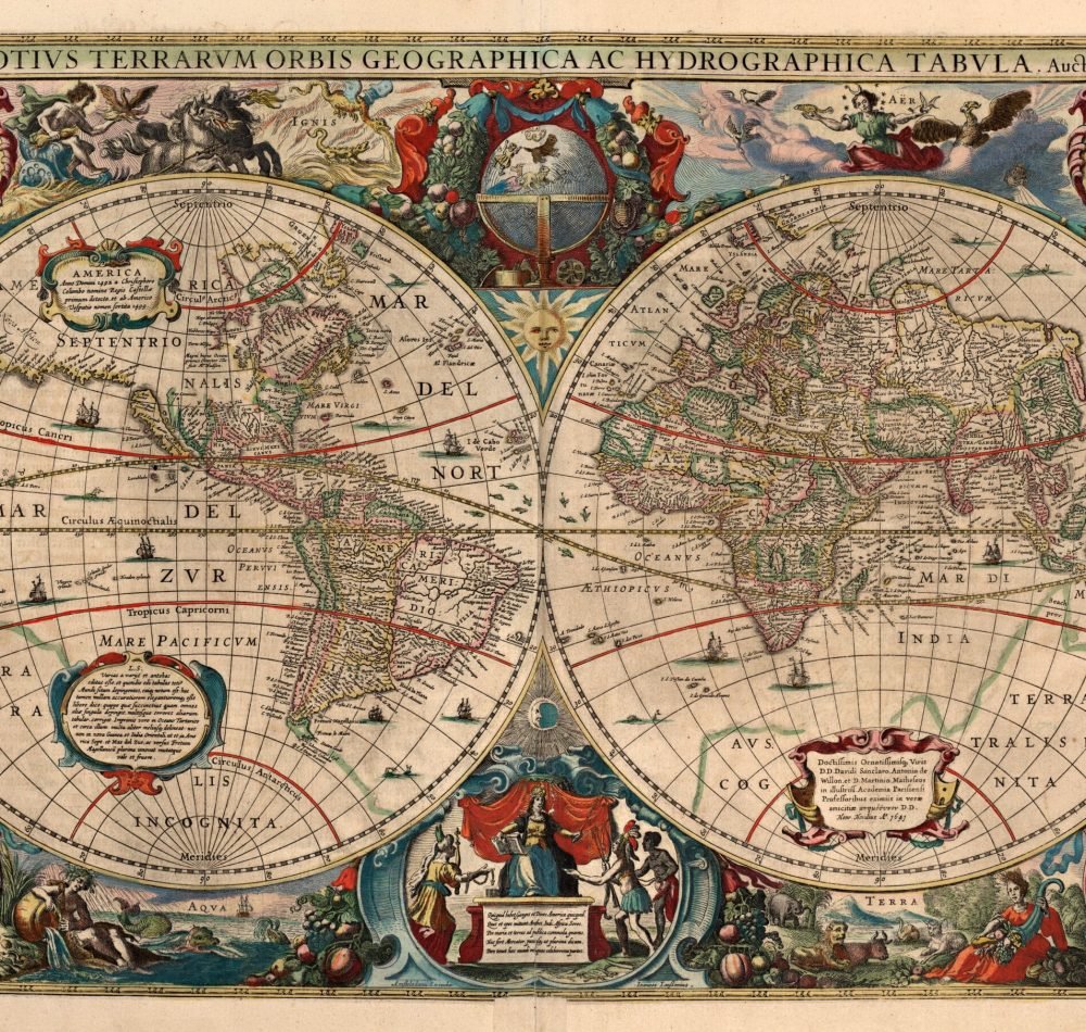 Reproduction (datant de 1641) d'une carte du globe à double hémisphère publiée originellement en 1630 par le cartographe néerlandais Henricus Hondius (1597-1651) | Domaine public