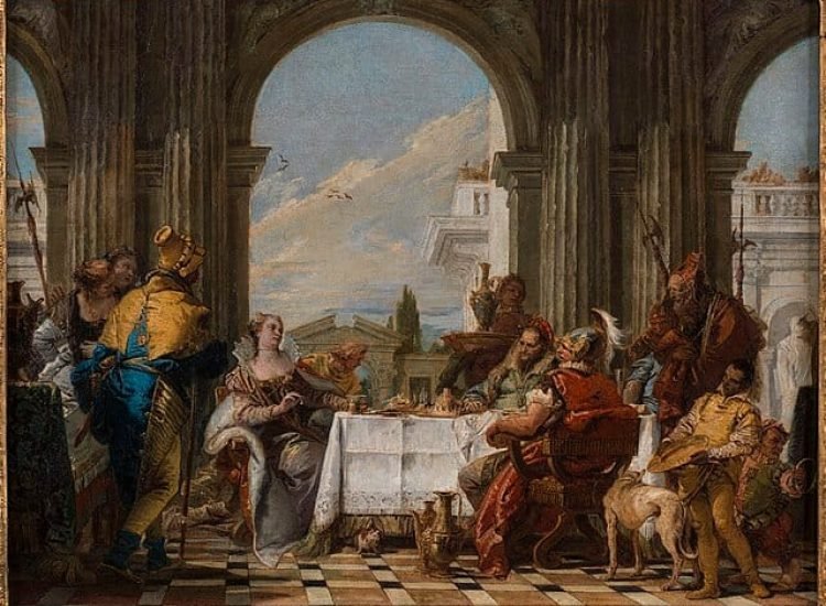 Giambattista Tiepolo a illustré dans ce tableau un épisode de la vie de Cléopâtre, raconté par Pline l'Ancien dans son "Historia Naturalis" (livre IX) et par Plutarque dans ses "Vie des hommes illustres" - Tiepolo, Giambattista | Domaine public