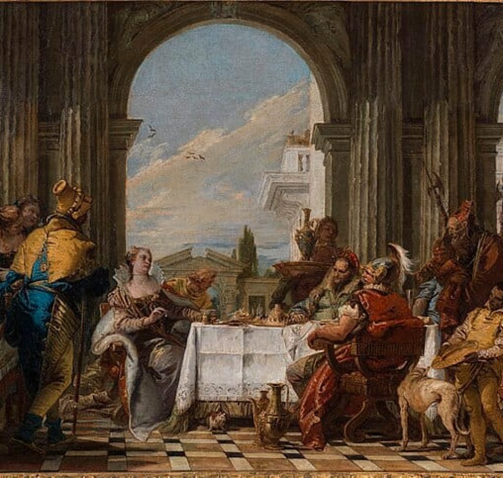 Giambattista Tiepolo a illustré dans ce tableau un épisode de la vie de Cléopâtre, raconté par Pline l'Ancien dans son "Historia Naturalis" (livre IX) et par Plutarque dans ses "Vie des hommes illustres" - Tiepolo, Giambattista | Domaine public