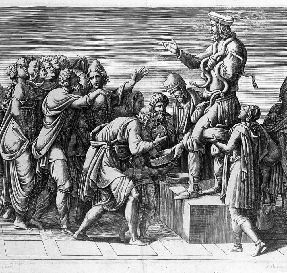 Marchand ambulant de remèdes, couvert de serpents vivants - Giulio Romano (1492 ou 1499-1546) | Creative Commons BY 4.0