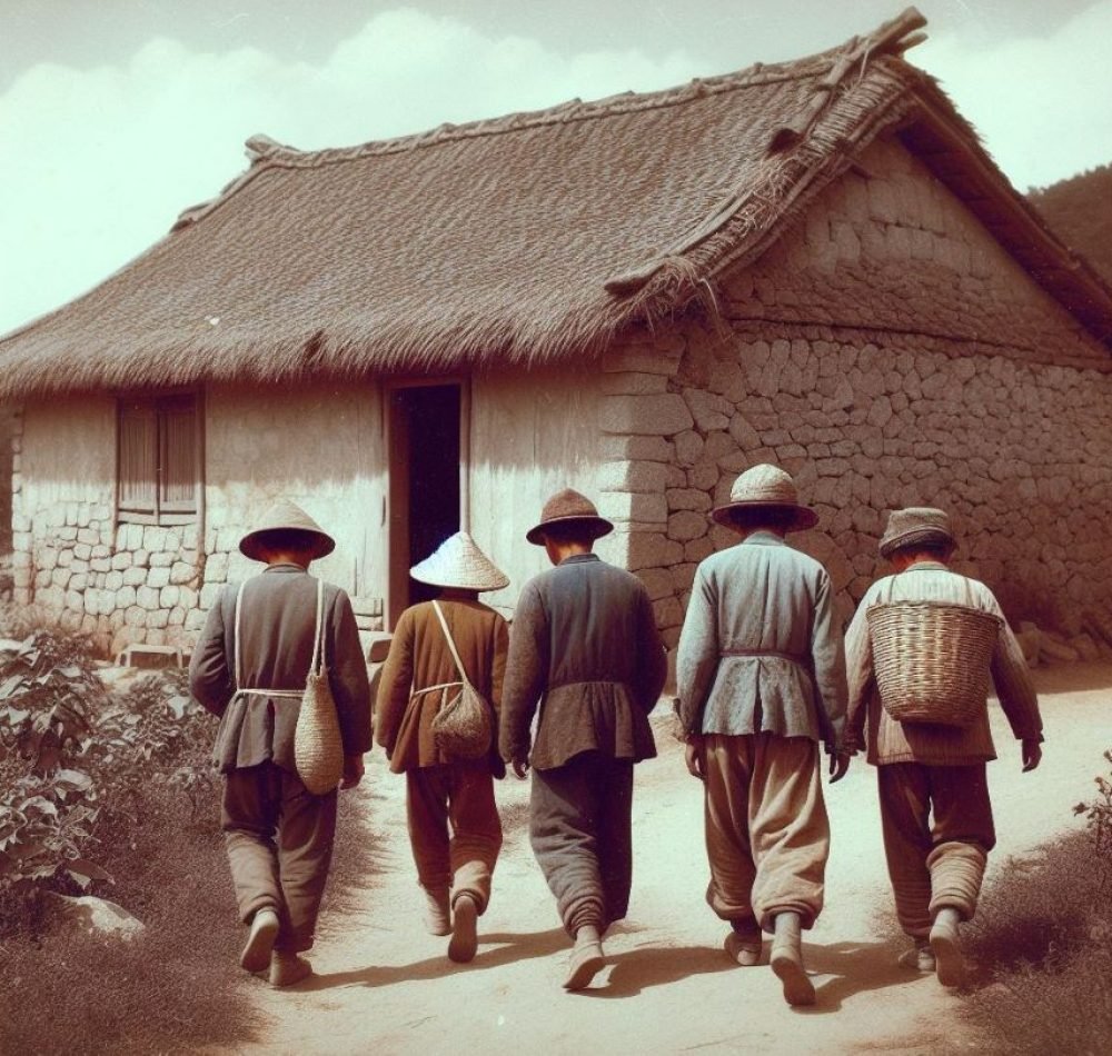 Illustration montrant plusieurs paysans chinois se rendant dans la hutte de l'un d'entre eux pour signer le pacte de Xiaogang en 1978 - Image générée par l'IA | Dall.e