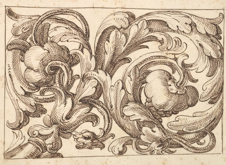 Panneau horizontal orné d'un rinceau d'acanthe sinueux et de deux créatures fantastiques, par Polifilo Giancarli - Domaine public