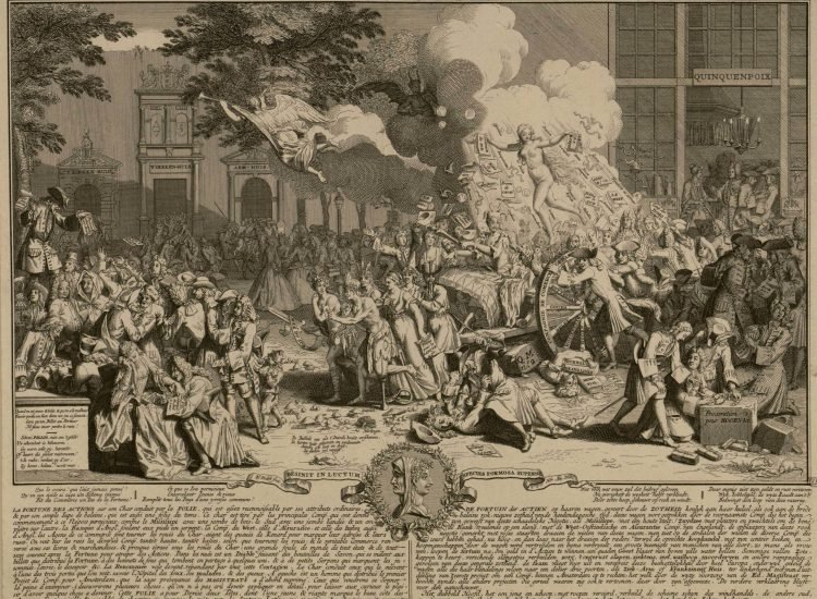 Gravure, allégorique et satirique avec un texte descriptif en français et en hollandais, relative à la banqueroute du système bancaire et monétaire du ministre des finances de la France, John Law de Lauriston, et représentant un défilé, rue Quincampoix, en 1720. - Bernard Picart | Domaine public