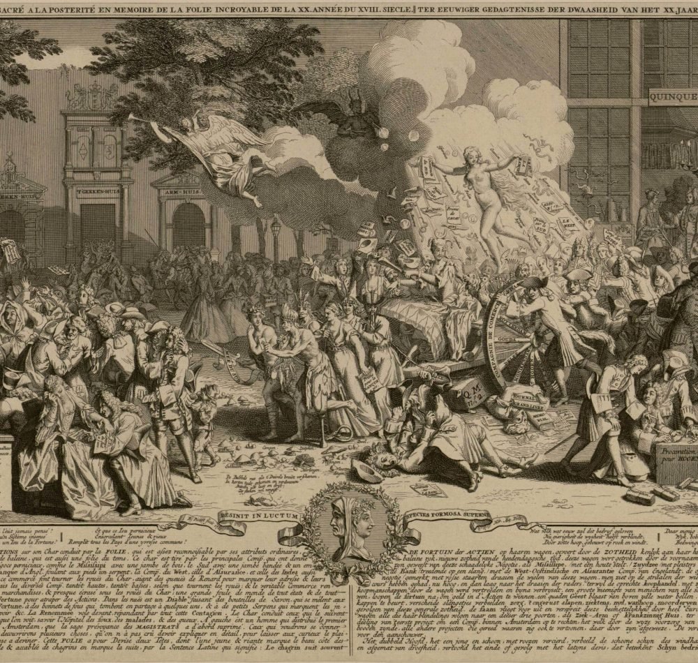 Gravure, allégorique et satirique avec un texte descriptif en français et en hollandais, relative à la banqueroute du système bancaire et monétaire du ministre des finances de la France, John Law de Lauriston, et représentant un défilé, rue Quincampoix, en 1720. - Bernard Picart | Domaine public