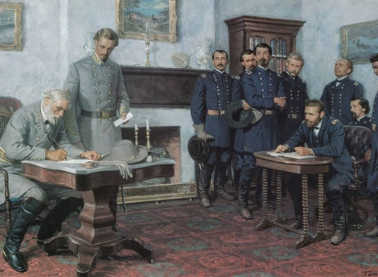Surrender to Appomattox : Le 9 avril 1865, le général Robert E. Lee capitule devant le lieutenant-général Ulysses S. Grant à Appomattox - Tom Lovell | Domaine public