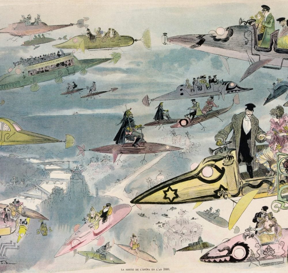 Une vue futuriste d'une circulation aérienne à Paris à la sortie de l'opéra. Différents types de véhicules aériens sont représentés comme des bus et des limousines, la police patrouillant le ciel et des femmes conduisant leur propre véhicule. Lithographie coloriée à la main - Albert Robida | Domaine public